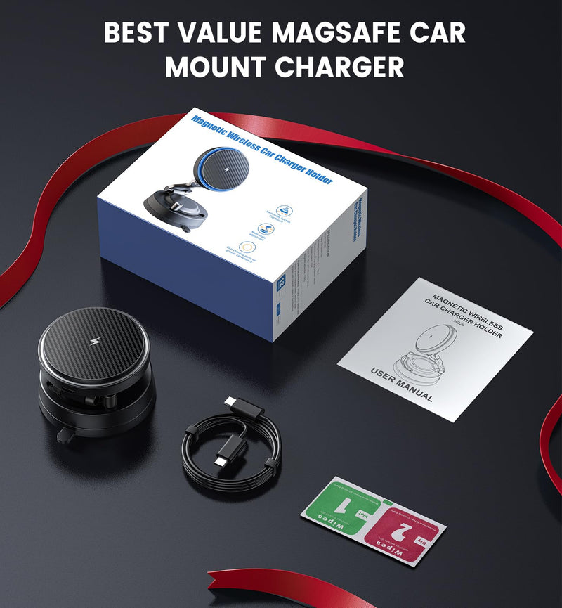 OANDYS 15W MagSafe Car Mount Charger for iPhone 12-17 Pro/Max/Plus/Air | 3200gf Magnetic Wireless Charger, 82LBS Suction Cup Dashboard Phone Holder, 360° Rotatable Magnetic Stand