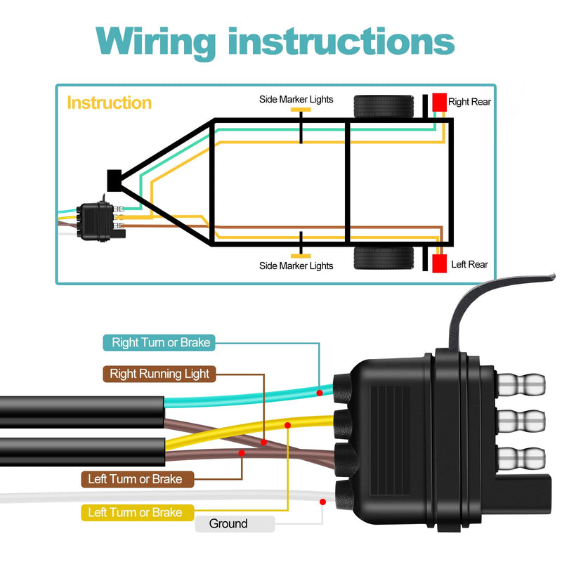 22FT 4 Pin 5 Wire Trailer Wiring Harness Protected by Nylon Net Tube, Utility Pure Copper Boat Trailer Wiring Kit for Trailer Tail Light Rewiring, Waterproof 4 Pin 5 Wire Trailer Connector