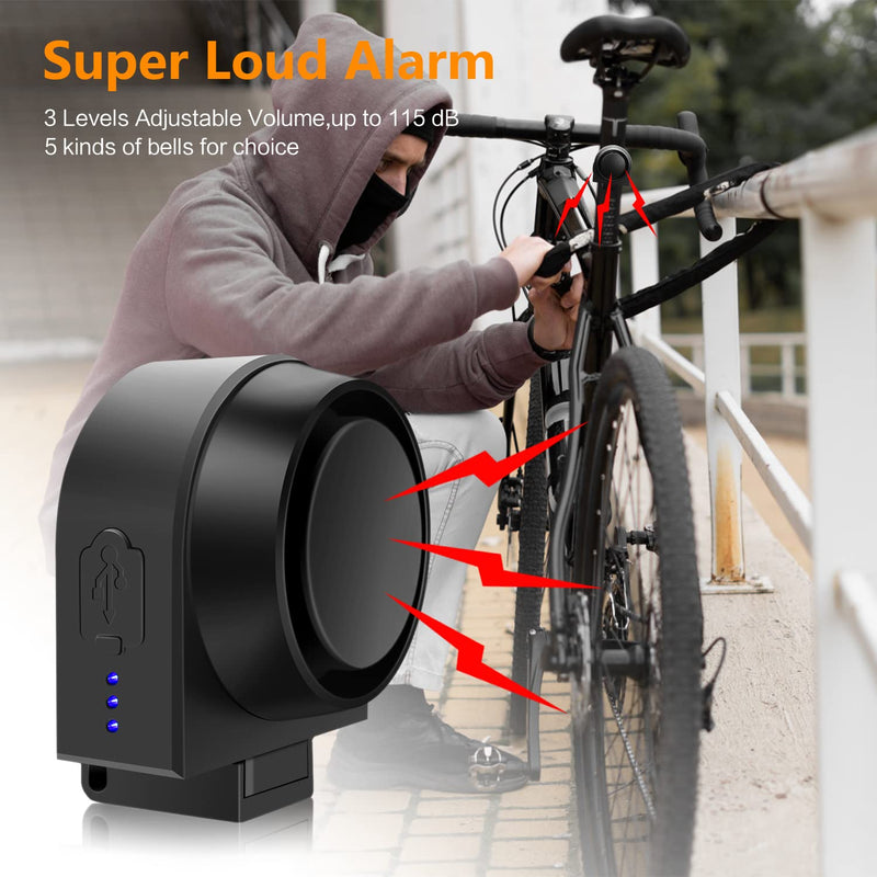 Bike Alarm with Remote USB Rechargeable 115dB Anti-Theft Vibration Motion Bicycle Alarm IPX5 Waterproof Vehicle Security Alarm System for Bike Motorcycle Electric Scooter