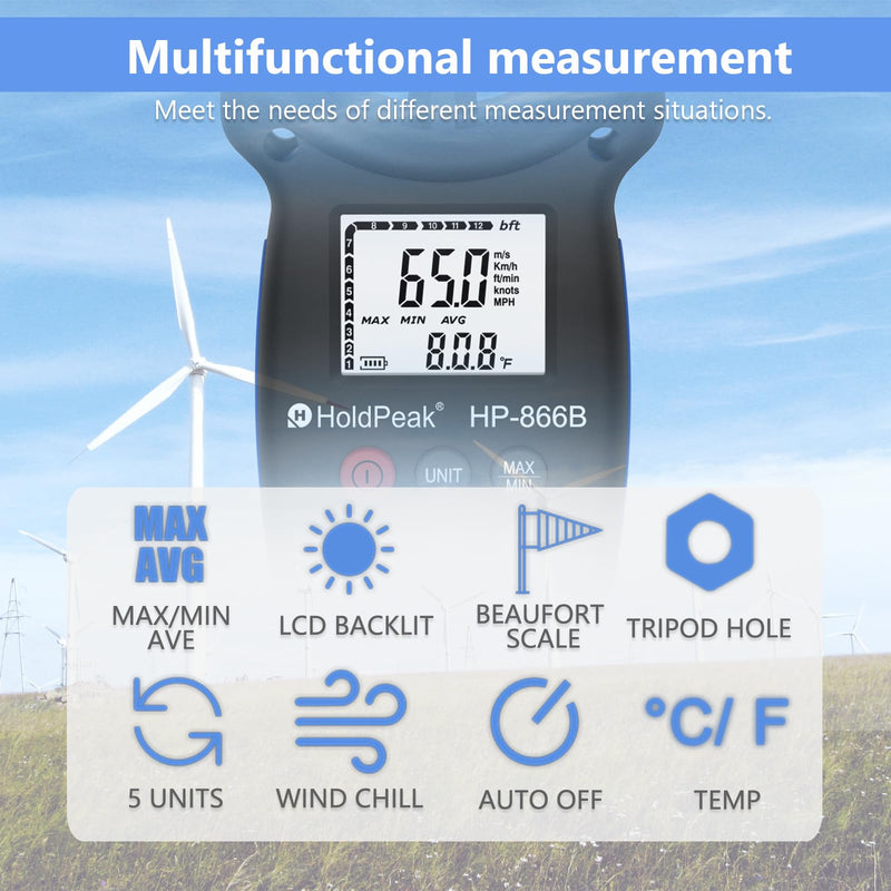 HoldPeak 866B Digital Anemometer Handheld Wind Speed Meter for Measuring Wind Speed, Temperature and Wind Chill with Backlight and Max/Min 1Pcs 866B Anemometer
