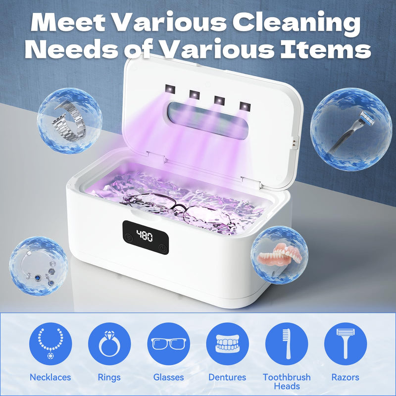 Ultrasonic Jewelry Cleaner, 50Khz Jewelry Cleaner Ultrasonic Machine for Jewelry, Eyeglasses, Rings, Watch Strap, Dentures, 24oz - 304 Stainless Steel Tank, Digital Timer, 5 Cleaning Modes White