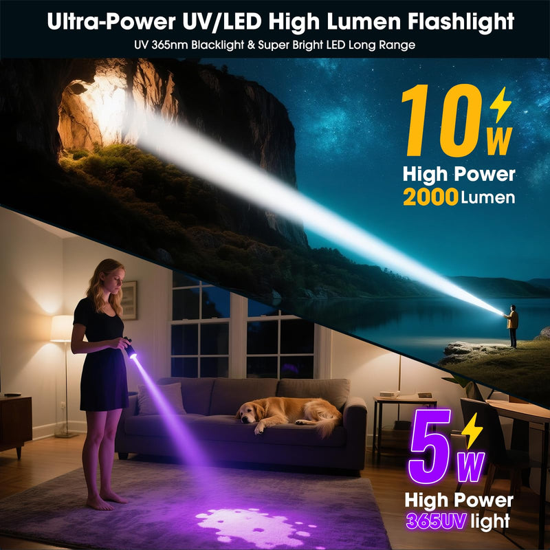 UV Blacklight&High Lumens Flashlight Rechargeable, Powerful Blacklight Flashlights for Pet Urine Detection, Resin Curing, Scorpion, Zoomable Waterproof Tactical LED Flashlight for Camping, Emgergency Black
