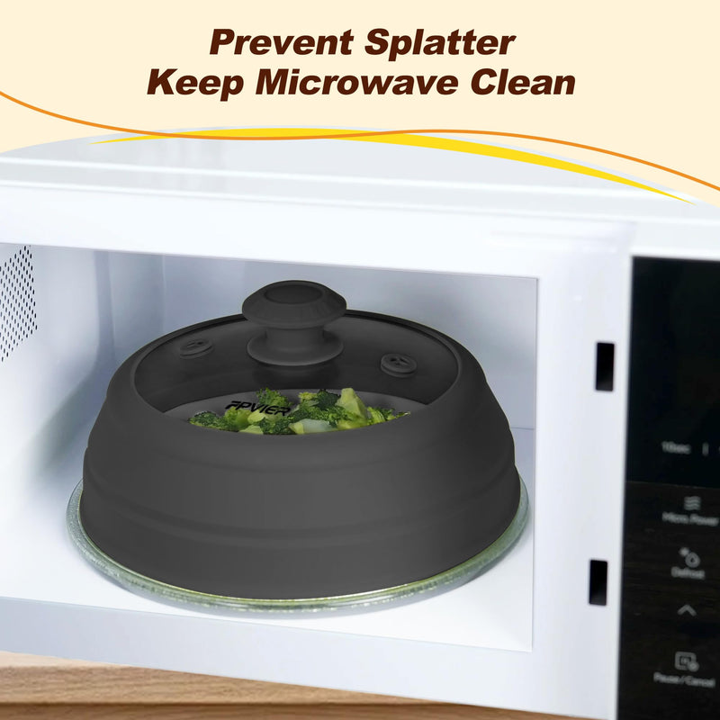 Microwave Splatter cover, Glass Microwave Cover for Food, 10.8 inch Guard Lid with Collapsible Silicone for 6-10 inch Plates & Bowls, Dishwasher Safe, 450°F Heat Resistant, BPA-Free, Black 10.8inch
