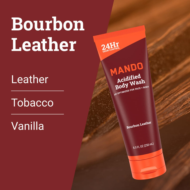Mando Odor Shield Body Wash - 24 Hour Control - Removes Odor Better than Soap - SLS Free, Paraben Free, Skin Safe - 8.5 Ounce (Pack of 2) (Bourbon Leather) Bourbon Leather 8.5 Fl Oz (Pack of 2)