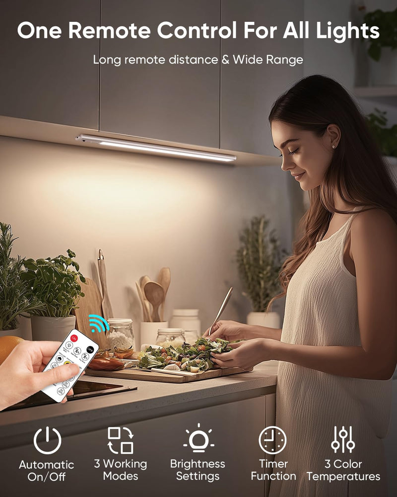 Under Cabinet Lighting Wireless, Rechargeable 62 LED Motion Sensor Light Indoor, 3 Color Temps Closet Lights with Remote Control, Dimmable Magnetic Under Counter Lights for Kitchen, Stairs, 4 Pack White-13 Inch