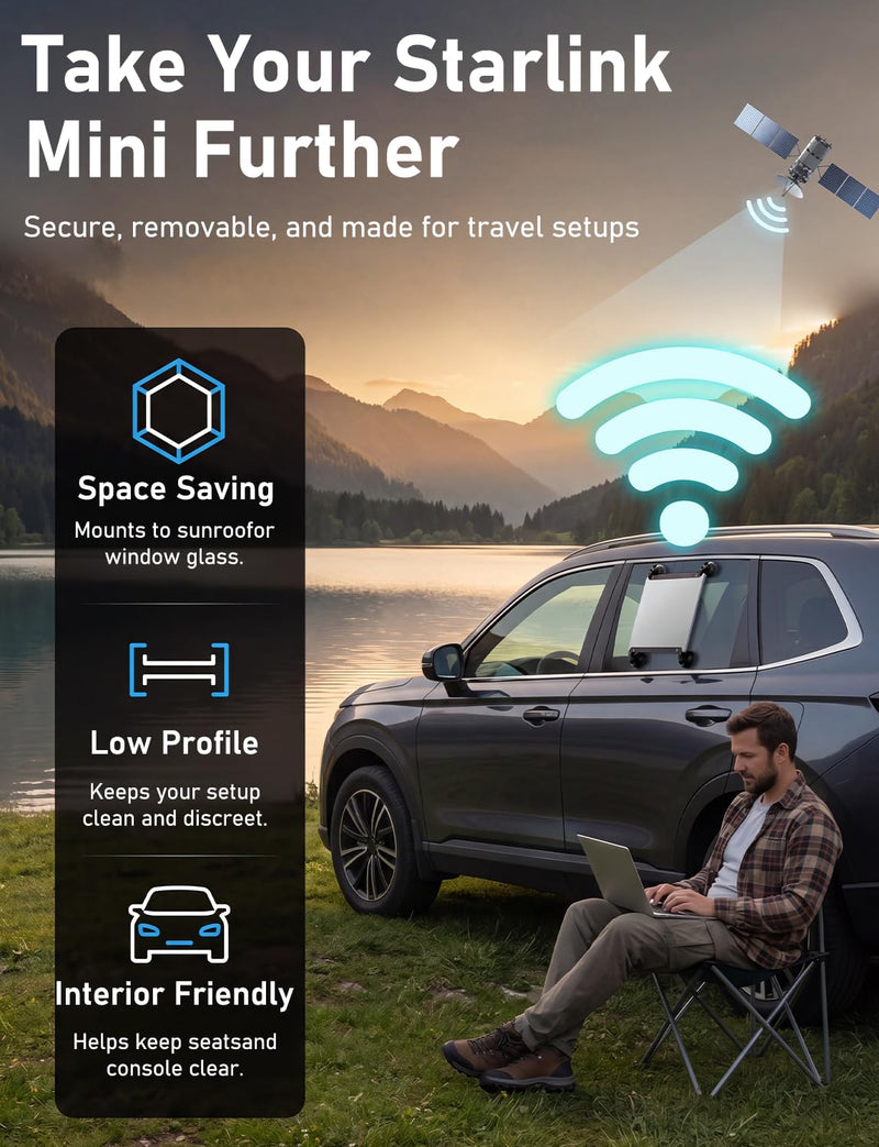 Starlink Mini Suction Cup Mount | for Car Sunroof Window|Strong Grip|No Tool Install|2 Spare Suction Cups|All-Weather Stability for RVs, Trucks, Boats& Camping Black