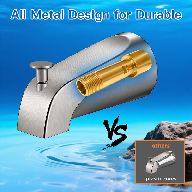 Brushed Nickel Bathtub Spout with Diverter, All Metal,5.3 Inch Tub Spout, Fits 1/2" Copper Slip-On and 1/2" or 3/4" IPS Threaded Pipes, Leak-Free, Slip Fit Tub Spout with Pull-Up Diverter Brushed Nickel