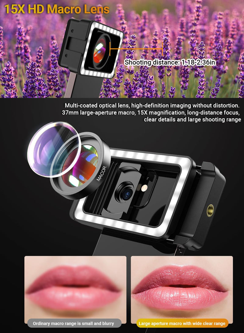 APEXEL 15X Phone Macro Lens for Phone, 15X Phone Macro Lens with LED Fill Light + 17mm Thread Lens Adapter for iPhone 15/15Pro/15Pro Max, Samsung, Android Phone (Fits for Almost Phone) FL2315X