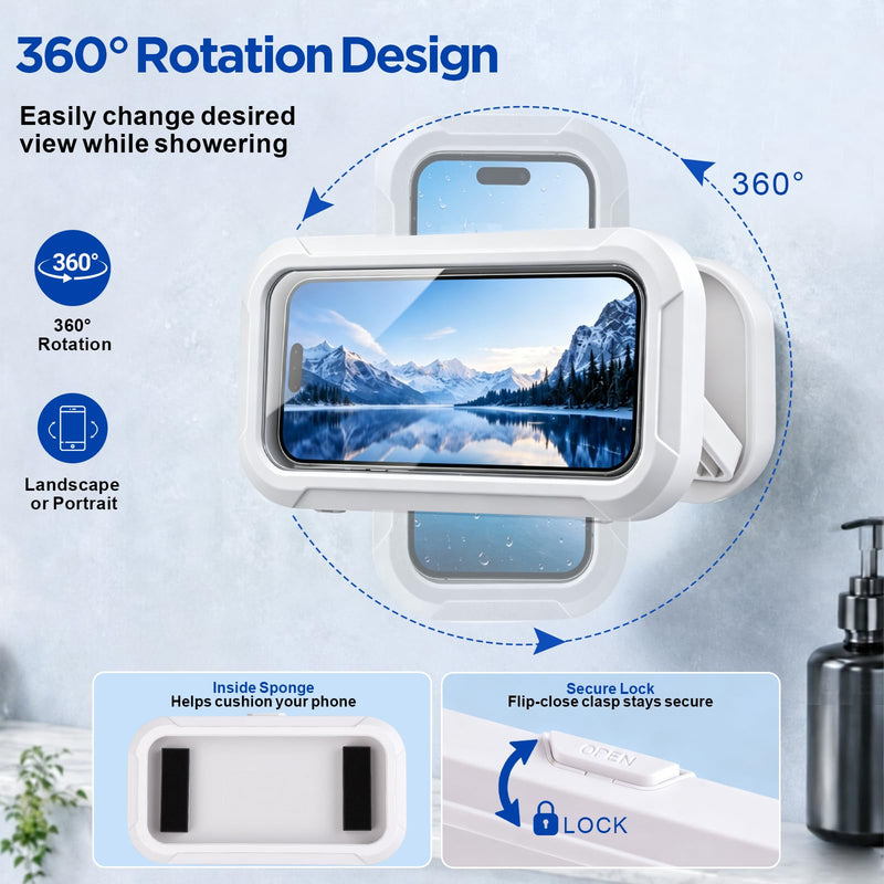 AgePlace Shower Phone Holder Waterproof, 480° Rotatable & Retractable Wall Mount Phone Holder for Shower, Anti-Fog Touchscreen Bathroom Phone Holder with Adhesive No-Drill Mount, Fits 4–6.7" Phones WHITE