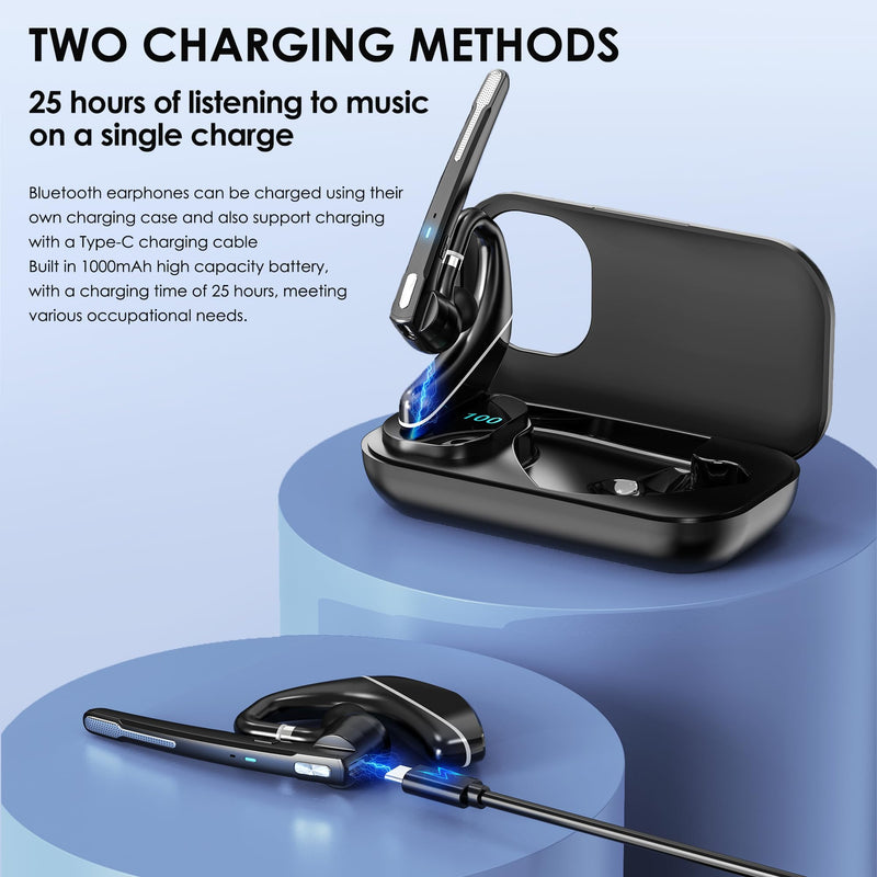 EKVANBEL Bluetooth Headset V5.3, Wireless Earpiece with 1000mAh Charging Case, 96H Talktime, Hands Free Noise Canceling Headphones with Dual-Mic for Computer Cell Phones Trucker Home Office Work Black