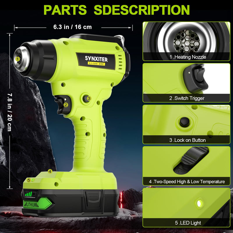 Compatible with Ryobi 18V Battery Cordless Heat Gun, 350W LED Light, Quick Heat Welded Heat Gun 122°F - 120°F Variable Temperature Control with 4 Nozzles and Scraper for Crafts(No Battery) Heat Gun Green