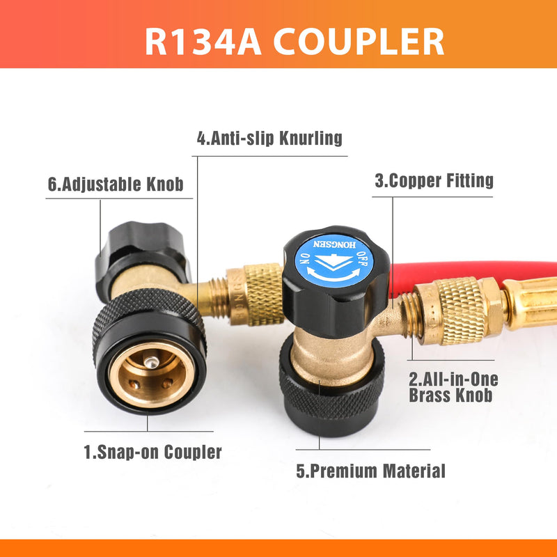 R134a Quick Coupler Adapter, Adjustable 134a Adapters, Quick Connectors for Car AC, HP LP Conversion Fittings for Evacuation Recharging, Built-in 1/4” Flares, Set of 2