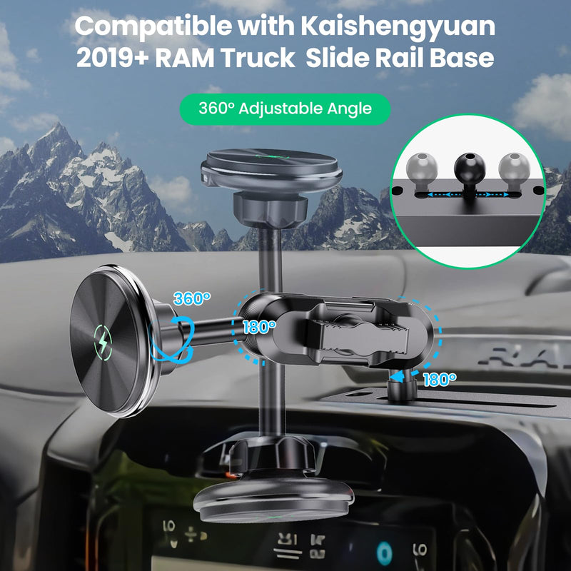 Dash Mount Wireless Charger Magnetic Holder with Metal Double Socket Arm | Fits 2013-2026 Kaishengyuan Metal Base | 20 Magnets | Double Socket Arm | 360 Rotation | 0.98in Ballhead | Magsafe Smartphone