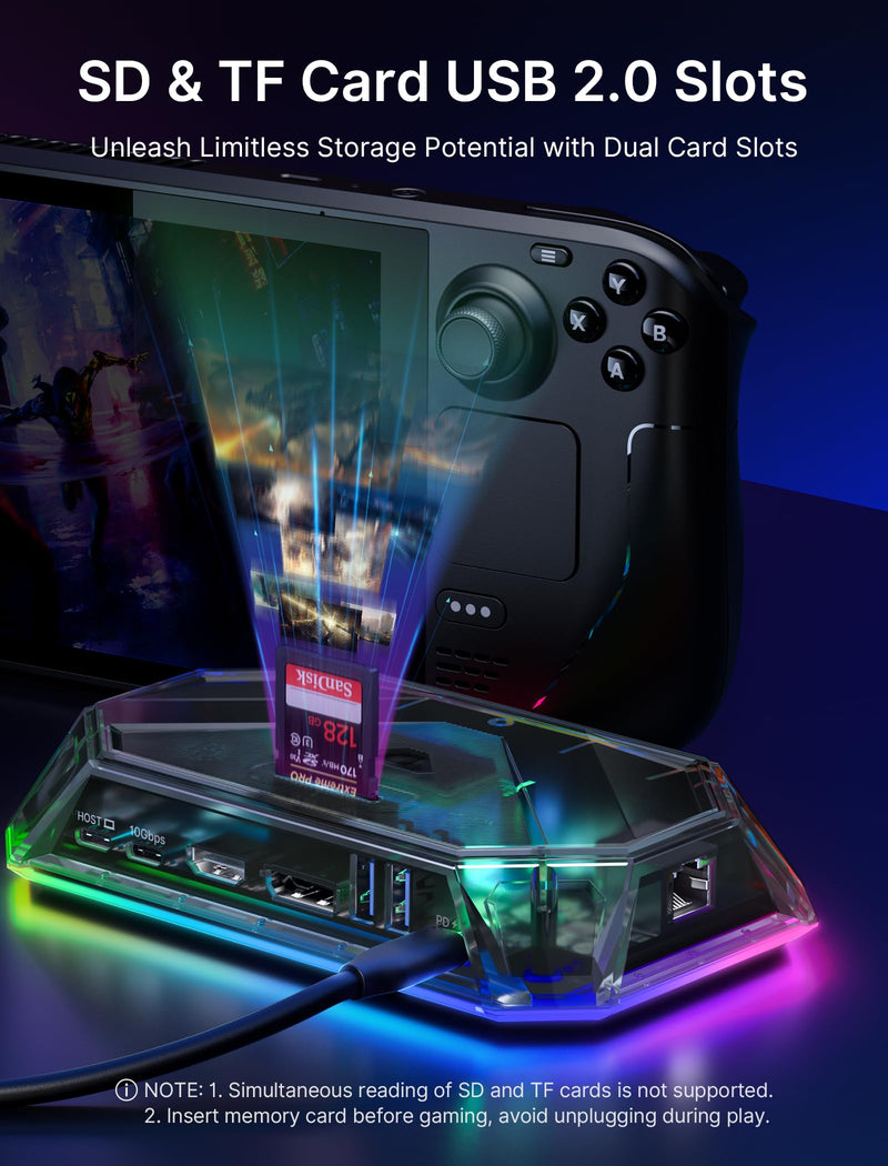 JSAUX RGB Docking Station for Steam Deck (OLED)/ROG Ally/Legion Go, 12-in-1 Handheld Dock with 4K@120Hz HDMI & DisplayPort Gigabit Ethernet USB C 3.2 USB A 3.2/2.0, SD/TF Slots 3.5mm Jack-HB1201S Crystal