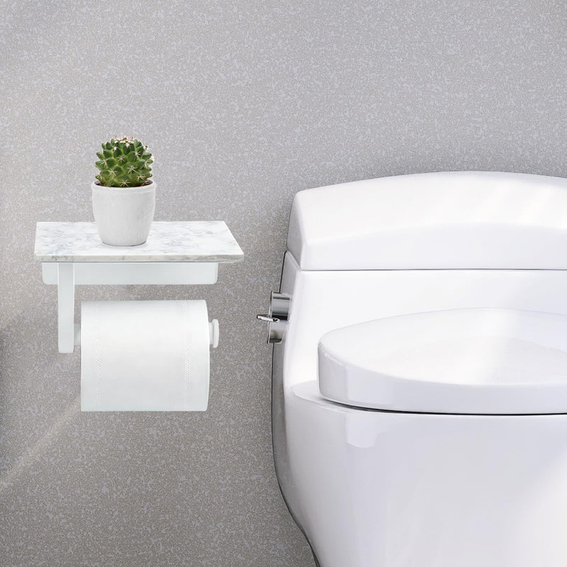 Toilet Paper Holder with Natural Marble Shelf, Wall Mounted Tissue Holder, Modern and Durable Bathroom Accessory for Bathroom Washroom (White) White