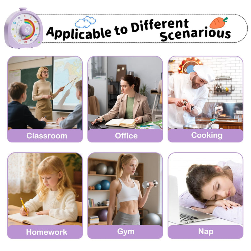 Visual Timer – Rainbow Magnetic Timer for Classroom, 60min/12h Rechargeable Countdown Timers, Silent Pomodoro Timers for Kids & Adults with ADHD Purple