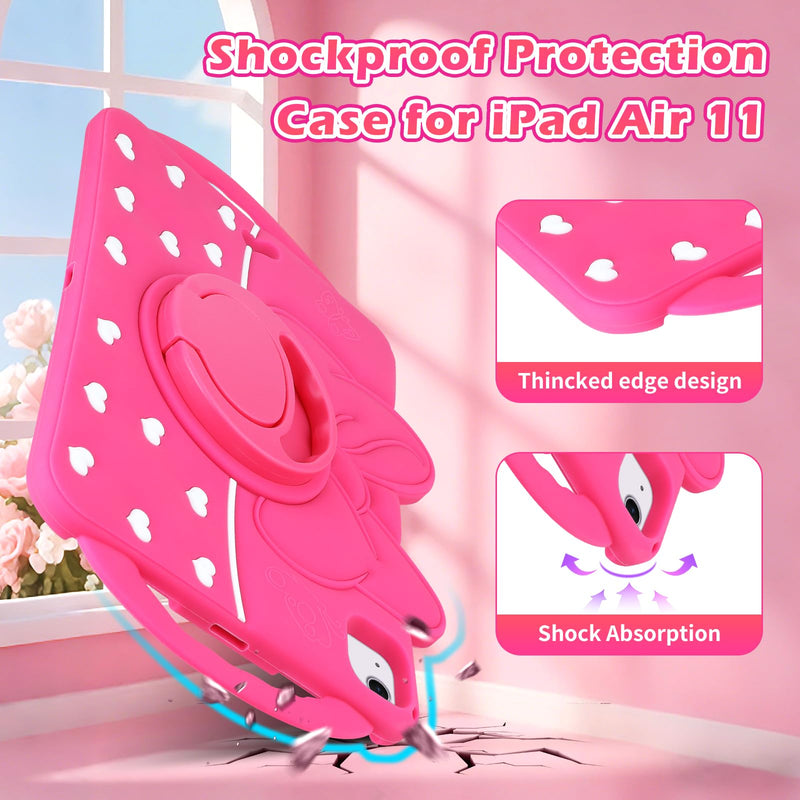 JAKPAK Kids Case for iPad Air 11-inch M4 M3 M2/Air 5th 4th Gen/Pro 11” | 360° Rotating Kickstand, Double Handle, Soft Silicone Shockproof Tablet Case, Cute Bow Heart iPad 11 Cover, Kids Friendly Hot Pink for iPad Air 11inch /Air 5th 4th