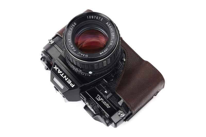 Pentax Super A Case, BolinUS Handmade Genuine Real Leather Half Camera Case Bag Cover for Pentax Super A Camera with Hand Strap (Coffee) Coffee