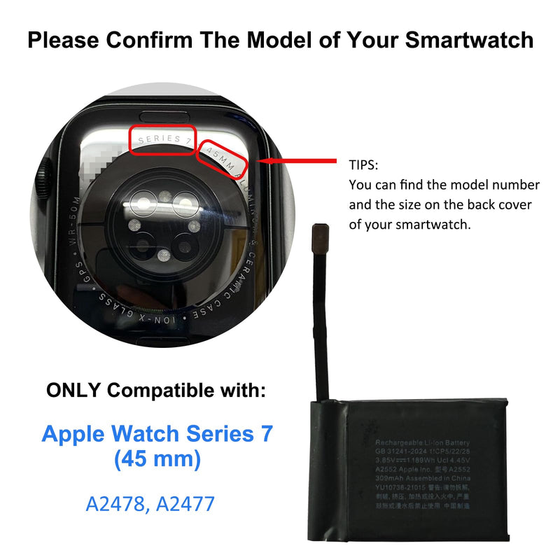 Replacement Battery Kit Compatible with Apple Watch Series 7 45mm A2552, with Tools, Manual, Tape