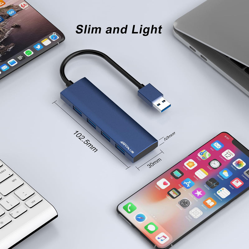 USB Hub, USB 3.0 Hub Aluminum Alloy Ultra Slim USB Splitter, Portable 4 Port USB Extender, USB Hub for Laptop, PC, MacBook, iMac, Surface Pro, Mac Pro, Flash Drive, XPS 【Blue】 0.8 Ft/0.25M Blue-Aluminum Alloy