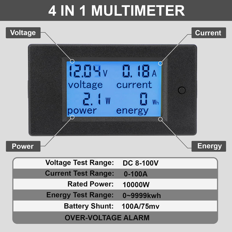 DROK DC Power Meter, 8-100V 100A Volt Amp Watt Meter, LCD Display Multimeter Voltage Current Energy RV Battery Monitor Voltmeter Ammeter Wattmeter with 100A Battery Shunt External Shunt