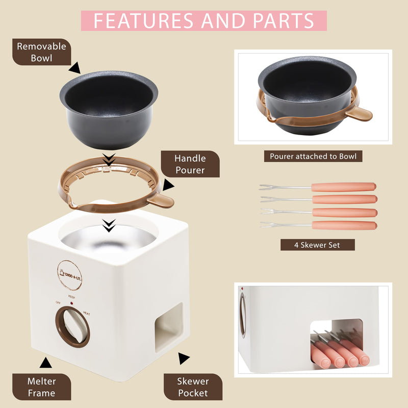 chocolate melting pot for dipping strawberries, pretzels, Cake Pops Fondue Includes 4 forks, handle for pouring chocolate into molds maquina para derretir chocolate