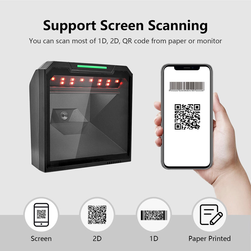 OBZ 1D 2D QR Desktop Barcode Scanner Omnidirectional Hands-Free USB Wired Barcode Reader 1D 2D PDF417 Barcode Scanner Automatic Sensing Scanning for POS PC Retail Store Supermarket Bookstore