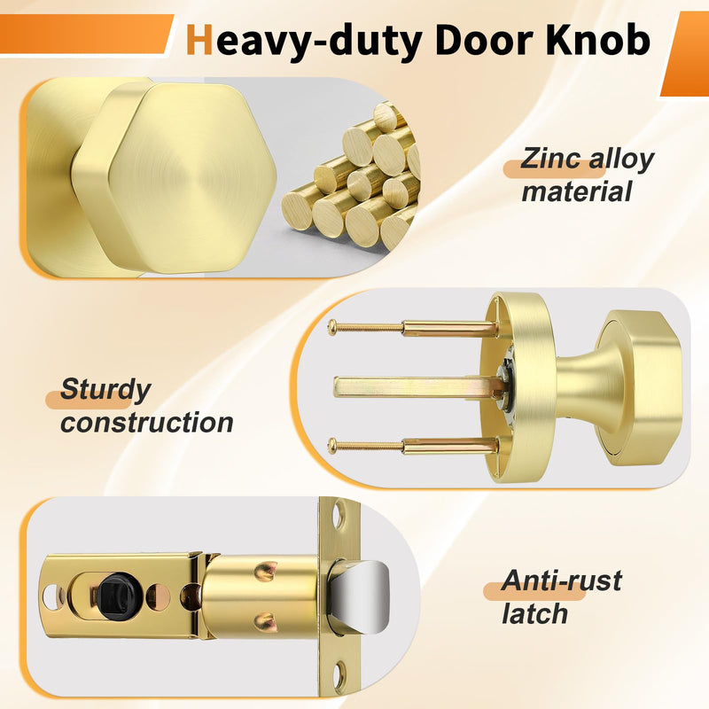 Probrico Brushed Brass Door Knobs, Gold Door Knob Interior, Hexagon Passage Door Knobs for Closet Hallway, 1 Pack