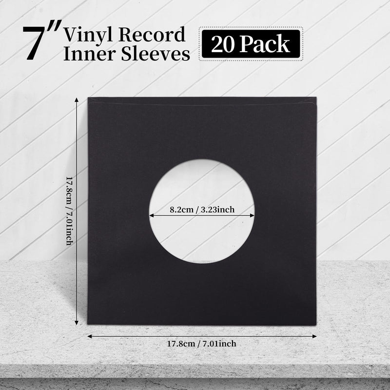 20 Pack 7 Inch Vinyl Record Inner Sleeves, Acid Free Square Paper for LP Records Storage, Anti-Static Black Kraft Paper Protective Sleeves for 7" LP Albums