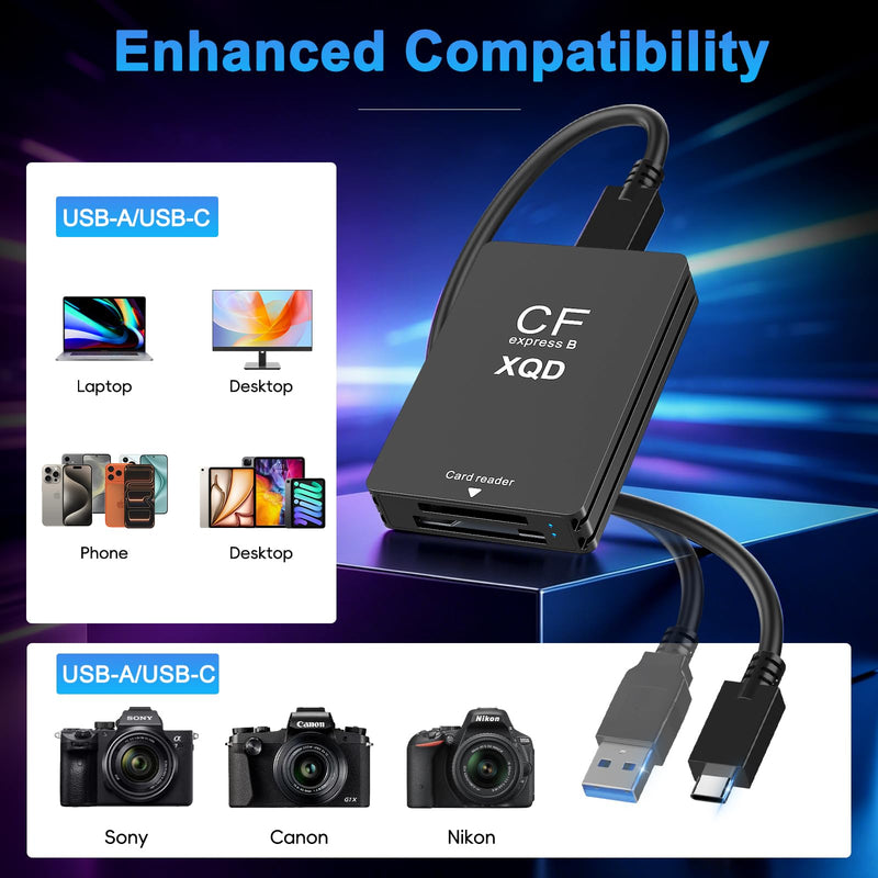 3 in 1 CFexpress Type B & XQD & SD Card Reader 10Gbps USB3.1 Gen2, Aluminum Typ B CFexpress Adapter Camera External Memory Card Reader Support Windows/Mac OS/Linux/Android with USB-A/USB-C Cable,Black Black