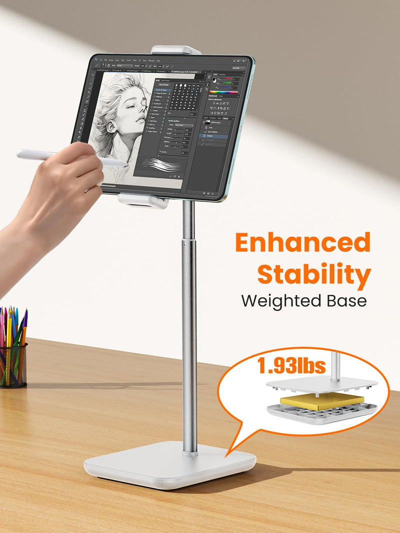 tounee Tablet Holder Stand, Height Adjustable Up to 18.11" Portable Monitor Stand, 4.4lb Holding Strength Tablet Cradle Mount Dock for 4.7"-15.6" iPhone, iPad, Kindle, eBook Reader-White White