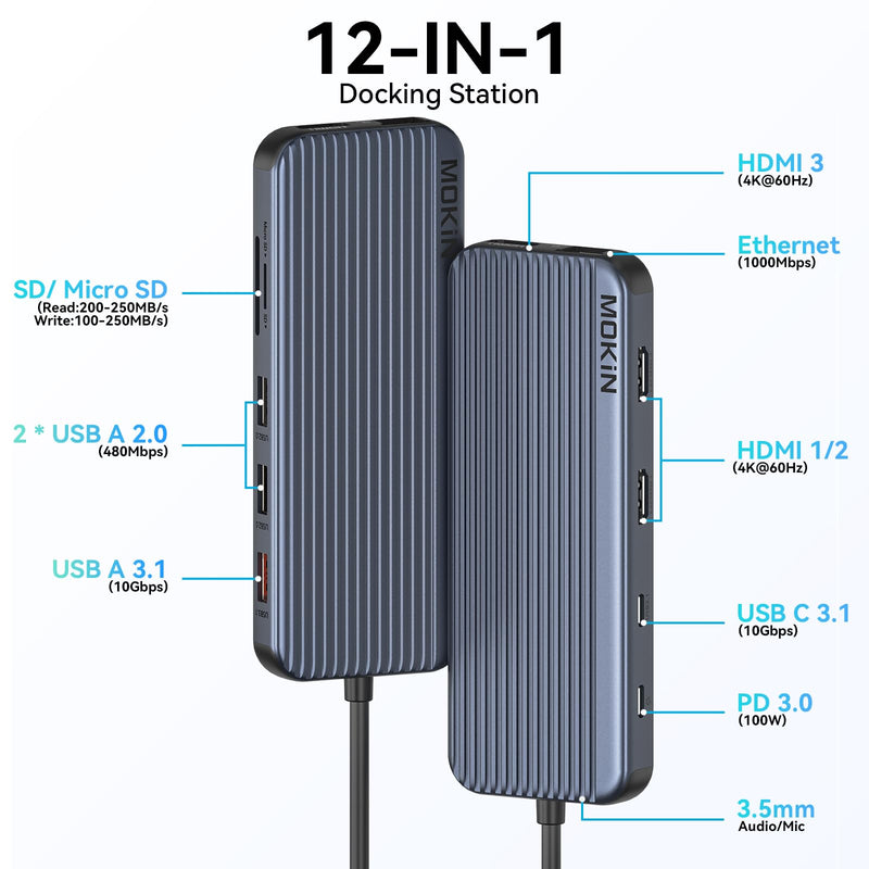 USB C Docking Station 3 HDMI, 12 in 1 Docking Station Triple Display, DockingStation Dual Monitor, Laptop Docking Station 3 HDMI with 10 Gbps, Ethernet, USB A/C 3.1, USB 2.0, 100W PD, Audio & Mic, SD