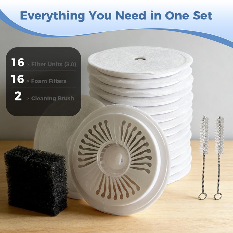 16 PCS Filter Unit 3.0 Pet Cat Kit Water Fountain Filters,Fit for E versweet Solo 2/Solo SE, E versweet 3 Pro/2S/3, Including Replacement Filters and Replaced Foam Pump Filter