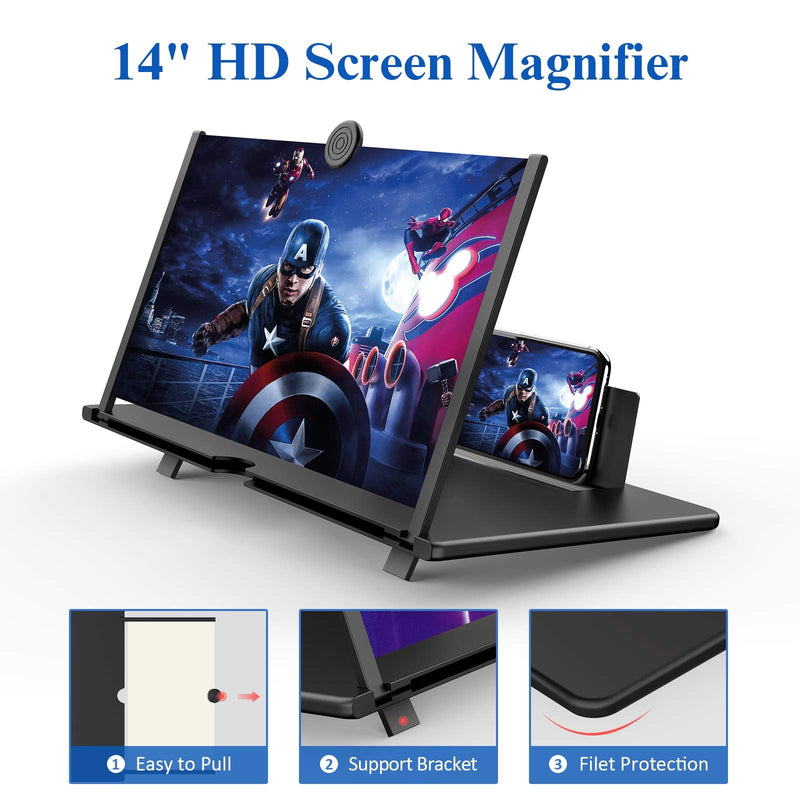 14" Screen Magnifier -3D HD Mobile Phone Magnifying Projector Screen Enlarger for Movies, Videos and Gaming – Foldable Phone Stand Holder with Screen Amplifier–Compatible with All Smartphones Black-14 Inch