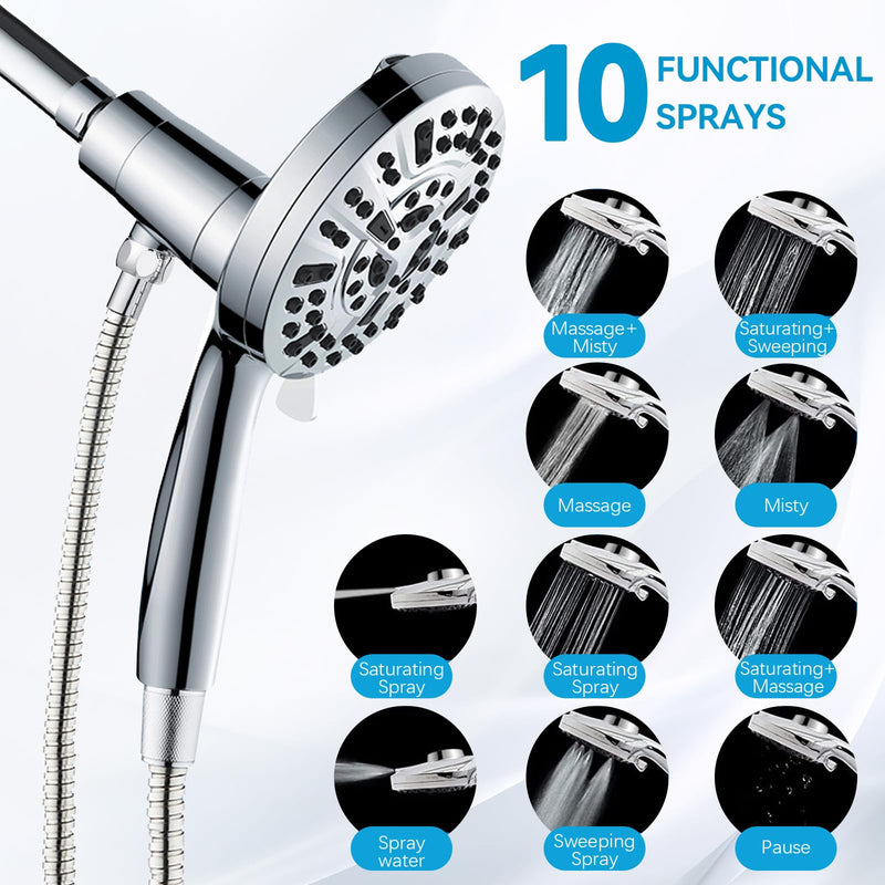 High Pressure Magnetic Shower Head with Handheld - Filtered Shower Heads with Hand Held Spray - 10 Modes Shower Head with 6 ft. Hose - Anti-Clog Nozzles,Bracket Brass Ball Joint, Silver With Magnetic Holder