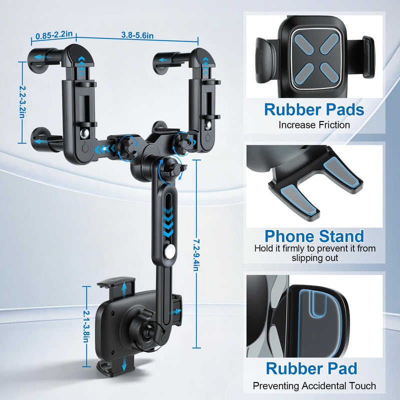 alpmosn Car Phone Holder, Anti-Shake Rear View Mirror Phone Holder for Car, 360° Rotating and Retractable Rearview Mobile Holder for Car, Fit for Almost Smartphones & Bigger Vehicle