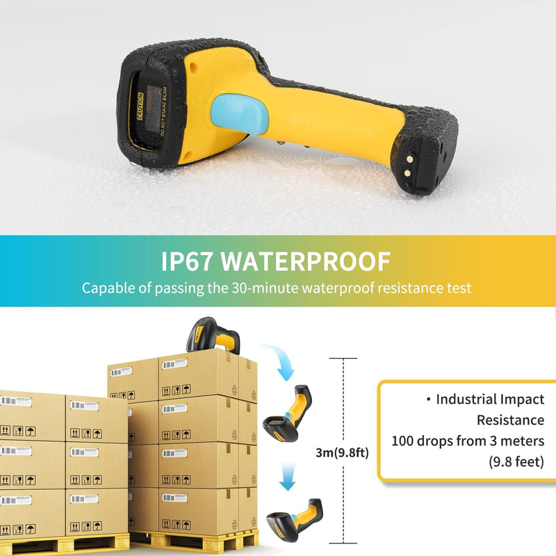 NETUM Upgraded QR Industrial Bluetooth Barcode Scanner with Charging Dock, Wireless 2D 1D Bar Code Reader 2600mAh Drop Protection Shock Dust Proof Hands Free for Windows Mac Android iOS (NT-1200) NT-1200