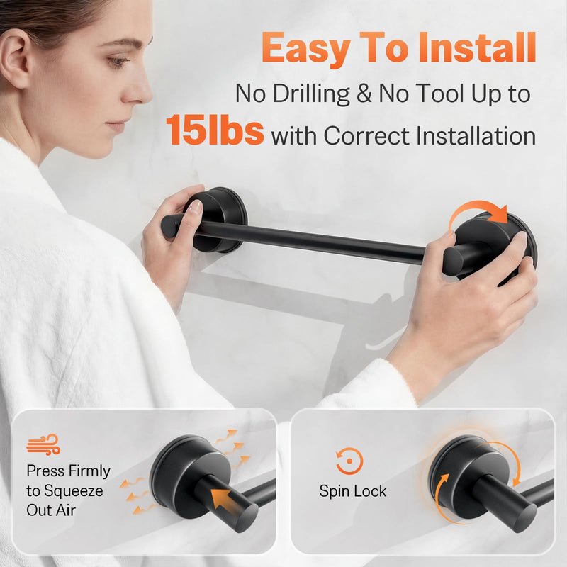 Adjustable Suction Cup Towel Bar for Bathroom Wall, 14.6-24 Inch Stainless Steel No-Drill Suction Towel Bar, Heavy Duty Shower Towel Rack for Bathroom, Glass Door & Tile Wall (Black, 2 Pack) Black