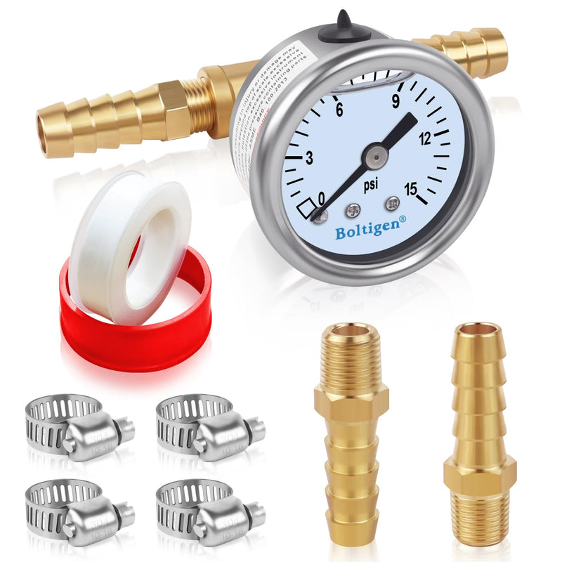 Boltigen Fuel Pressure Gauge, 0-15psi Fuel Pressure Gauge Kit, Glycerin Filled Fuel Pressure Regulator with Gauge for Car, 1/8'' NPT Inline Fuel Pressure Guage with 3/8'' 5/16'' Barb