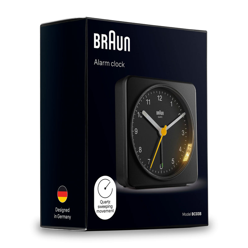 Braun Classic Analogue Alarm Clock with Snooze and Light, Quiet Quartz Sweeping Movement, Crescendo Beep Alarm in Black, Model BC03B.