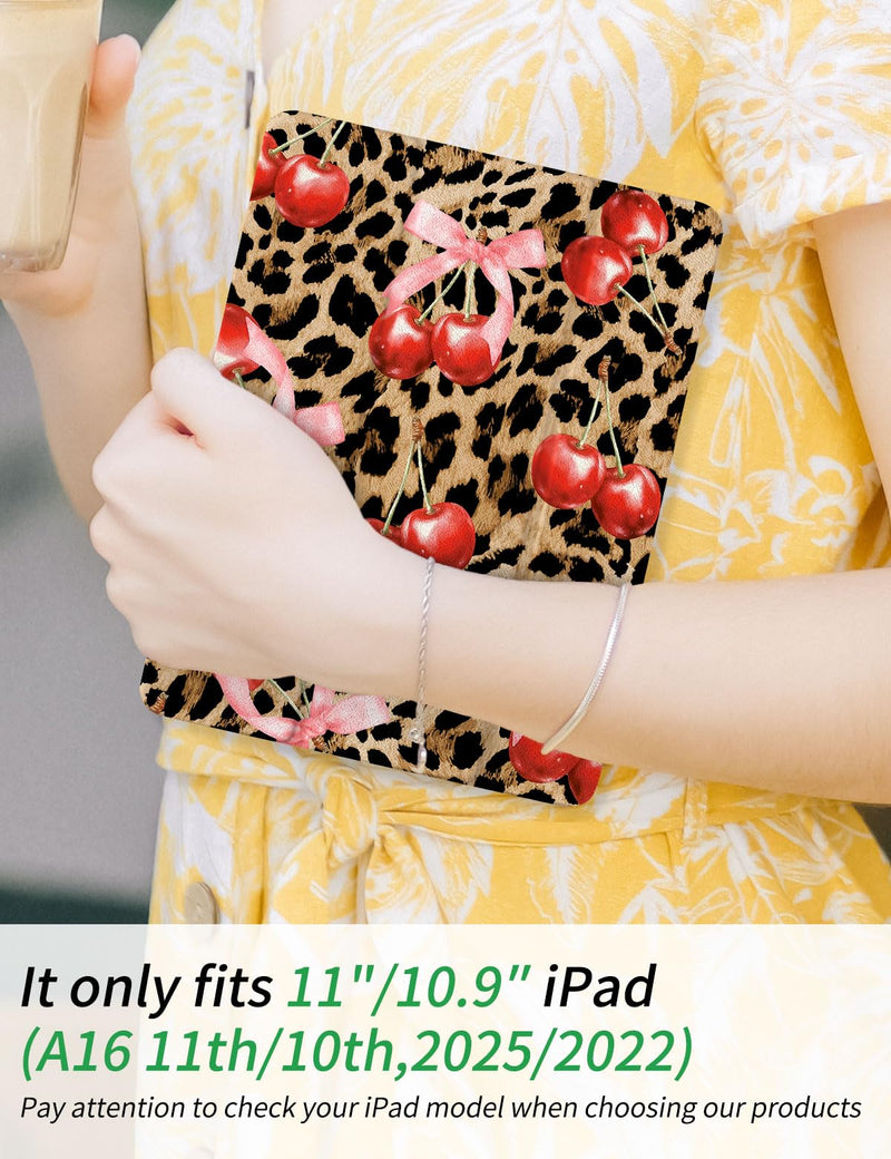Case for iPad A16 11th Generation 11 Inch 2025, iPad Case 10th Generation 10.9 Inch 2022, Slim Lightweight Soft Trifold Back Cover with Pencil Holder & Auto Sleep/Wake Cover Cherry Cheetah Bow Brown Leopard & Pink Bow