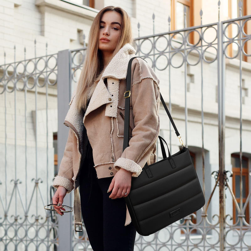 RAINYEAR Laptop Bag for 14 Inch/15.6 Inch, Women Laptop Shoulder Bag | Protective Padded Waterproof Elegant Laptop Bag with Handle & Shoulder Strap, Fits for MacBook Computer Laptop Black 15.6 Inch