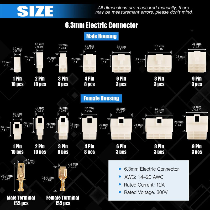 Glarks 400Pcs 6.3mm 1 2 3 4 6 8 9 Pin Electrical Automotive Wire Connector Male Female Socket Plug and Pin Header Crimp Wire Terminals Kit for Motorcycle, Bike, Car, Boats 400Pcs 1 2 3 4 6 8 9 Pin
