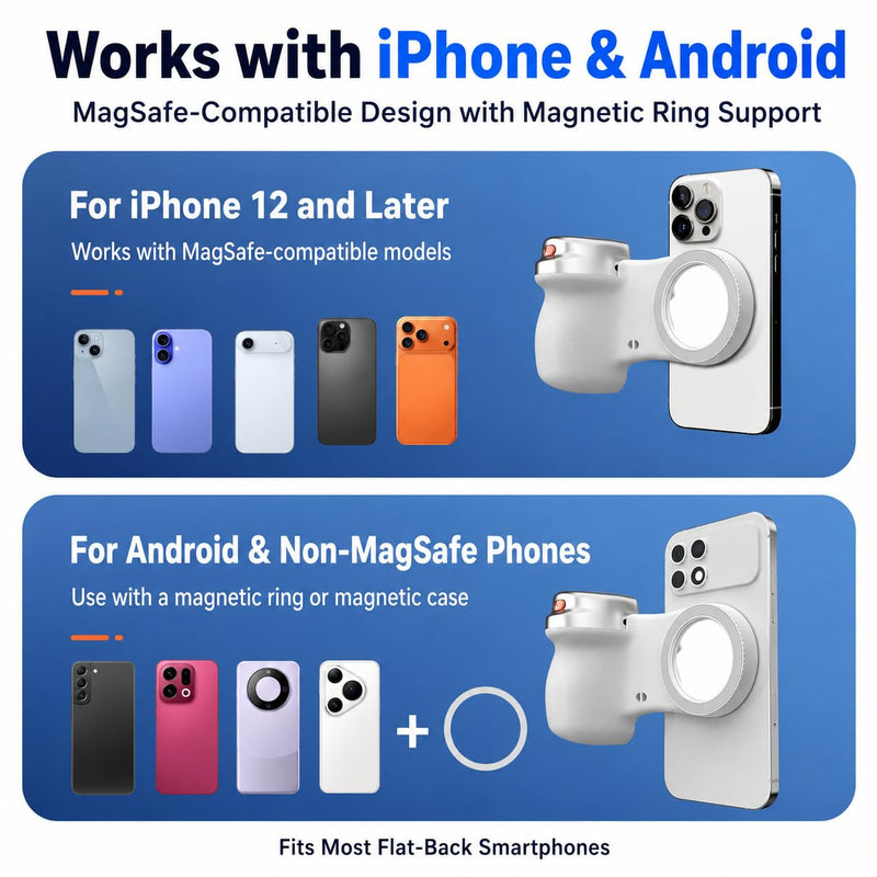 Magnetic Phone Camera Grip Creator Kit with Selfie Light & Wireless Shutter | Creator kit for steadier selfies, videos, TikToks, Zoom calls, and product shots with adjustable light and remote shutter. White