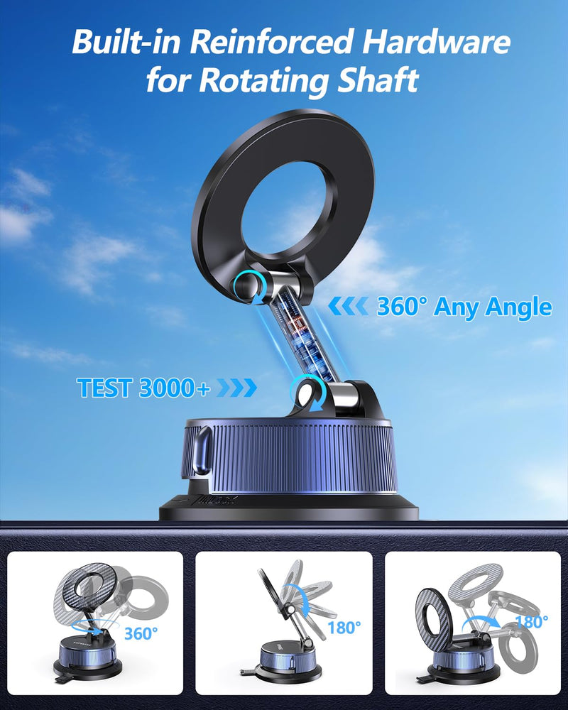 VIPWISE Magnetic Phone Holders for Your Car [89+LBS Suction & 3200gf Magnetic] 360° Adjustable Magsafe Car Phone Mount, Vacuum Suction Cup Car Mount for iPhone 17 Pro Max 16 15 14 13 12 Air Plus Black-blue