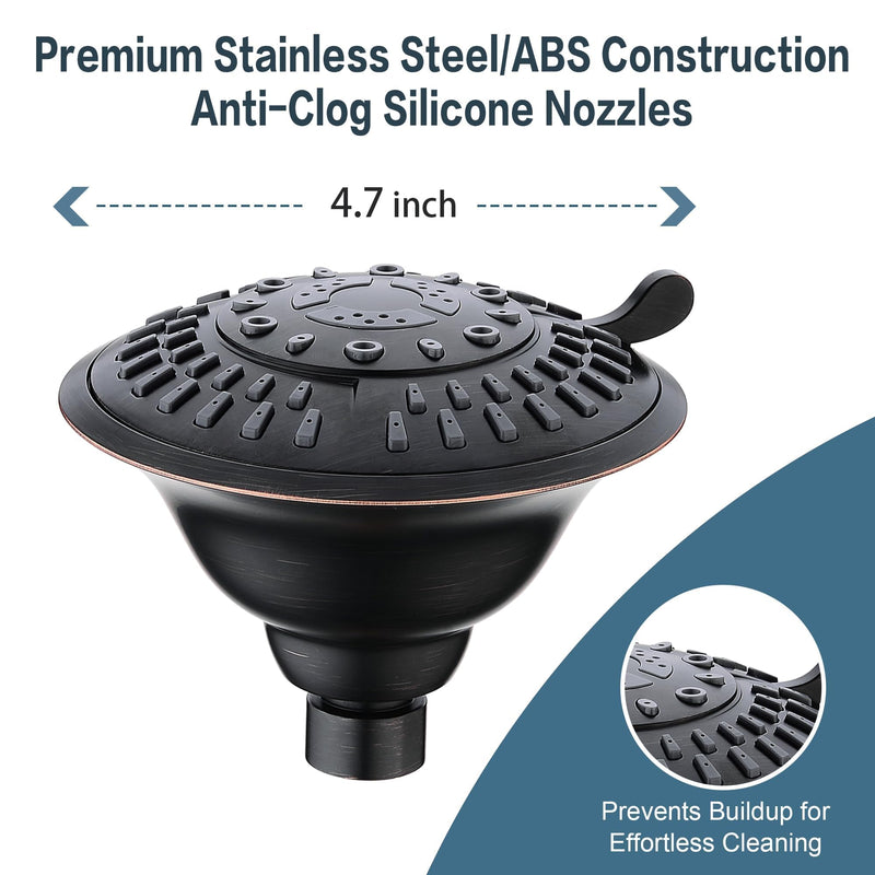 BRIGHT SHOWERS High Pressure Rain Shower Head, Fixed Shower Head with 5 Spray Settings, Adjustable Angle and Anti-Clog Nozzles, Oil Rubbed Bronze (1.8 GPM) 5 Spray Settings