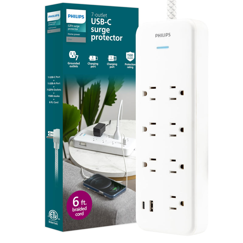 Philips 7-Outlet Surge Protector with USB Charging, 6ft Braided Extension Cord, 1USB-A, 1USB-C, 1500J, Adapter Spaced, Outlet Extender Power Strip, White - SPP3983W/37 7 Outlet | USB | 6 Ft | White