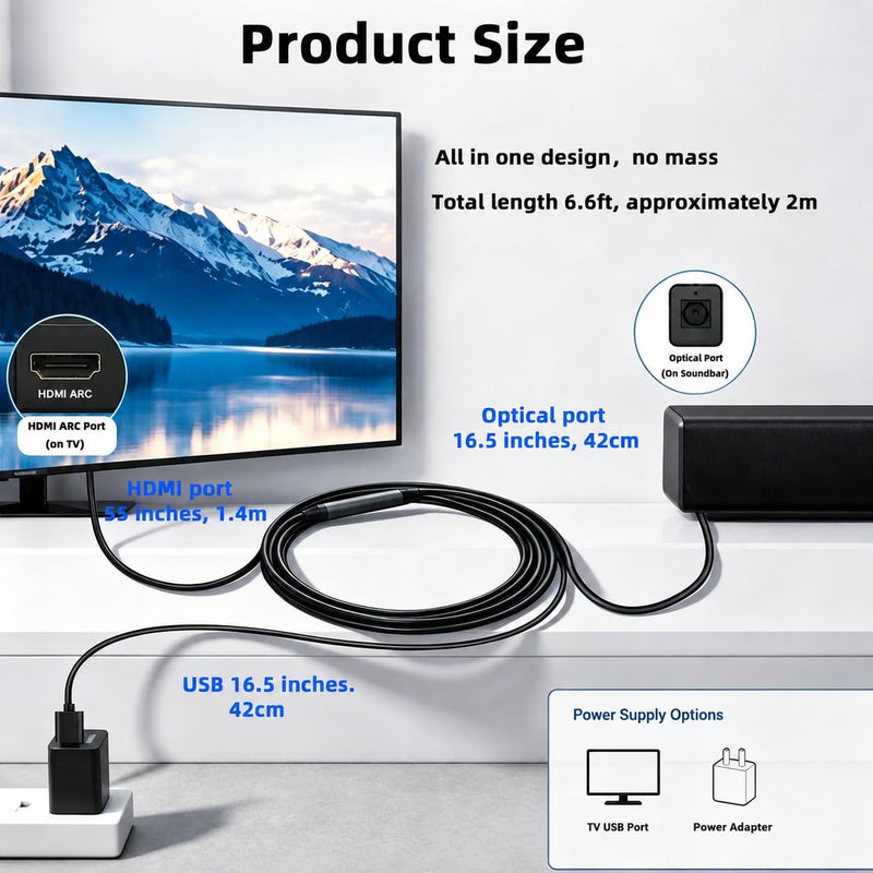 TUOLNK HDMI to Optical Audio Adapter 192kHz Optical to HDMI Converter Support PCM 2.0 No Lag HDMI ARC O'ptical Cable for Soundbar to TV,Recivers and Projectors,6.6ft