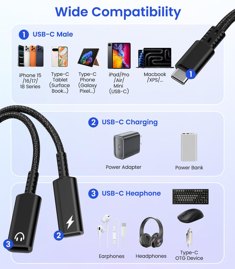 USB C Splitter 1 in 2 Out, Dual USBC Splitter with Charger & Headphone | USB-C Audio Adapter with PD 60W Fast Charging, Type C Dongle Cable for Apple iPhone 15 16 17/iPad Pro/Pixel/Galaxy