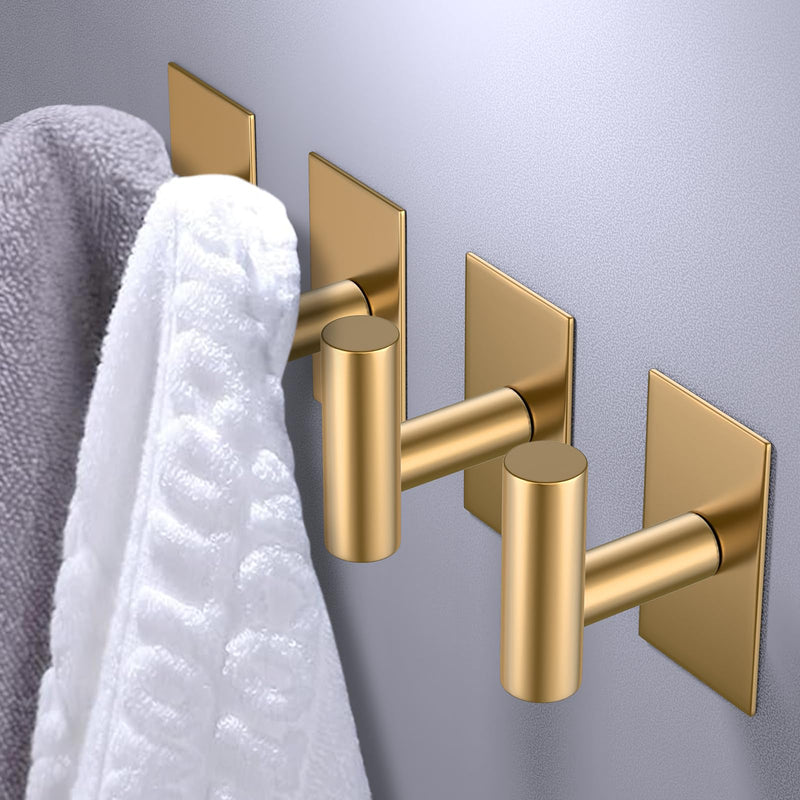 VAEHOLD Wall Towel Hooks, Heavy Duty Sticky Holder Waterproof Towel Hooks for Hanging Coat, Clothes, Closet Hook Wall Mount for Kitchen (Gold, 4 Pack) Gold